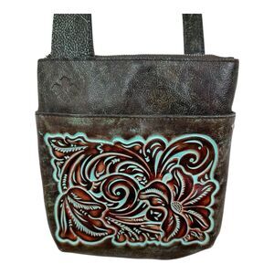 Patricia Nash Turquoise Brown Tooled Leather Crossbody Bag EUC